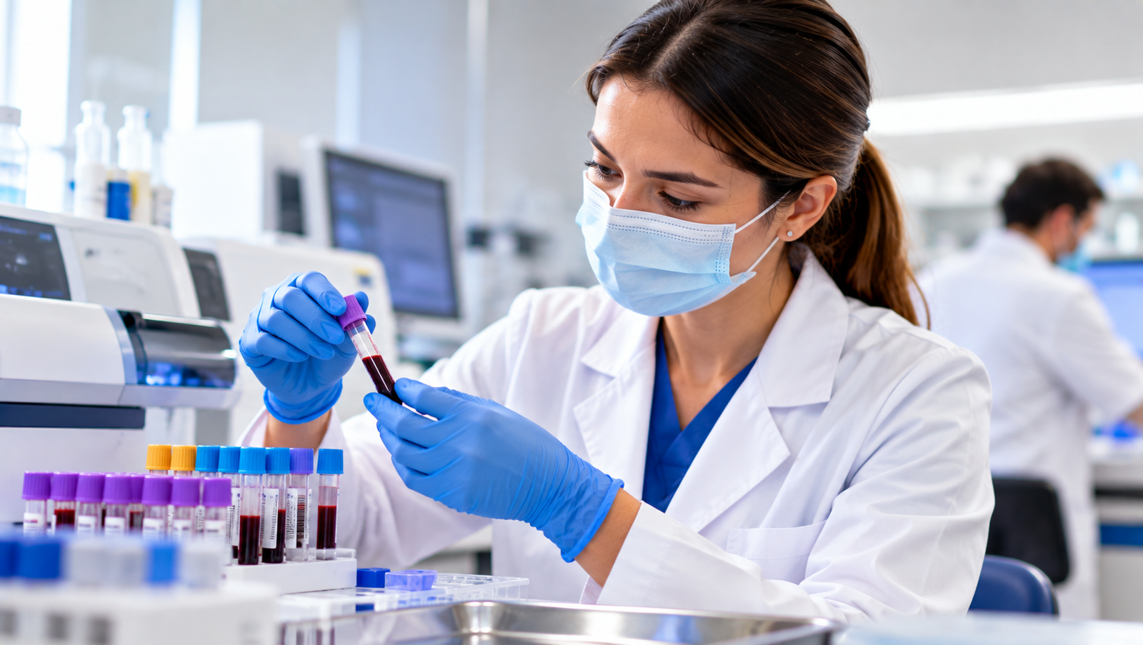 Técnica de laboratorio trabajando con muestras de sangre
